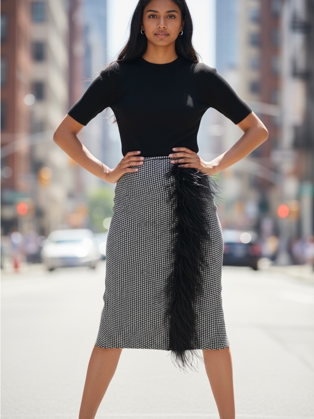 Le Superbe Black & White Houndstooth Feather-Trim Pencil Skirt Bright Floral 2
